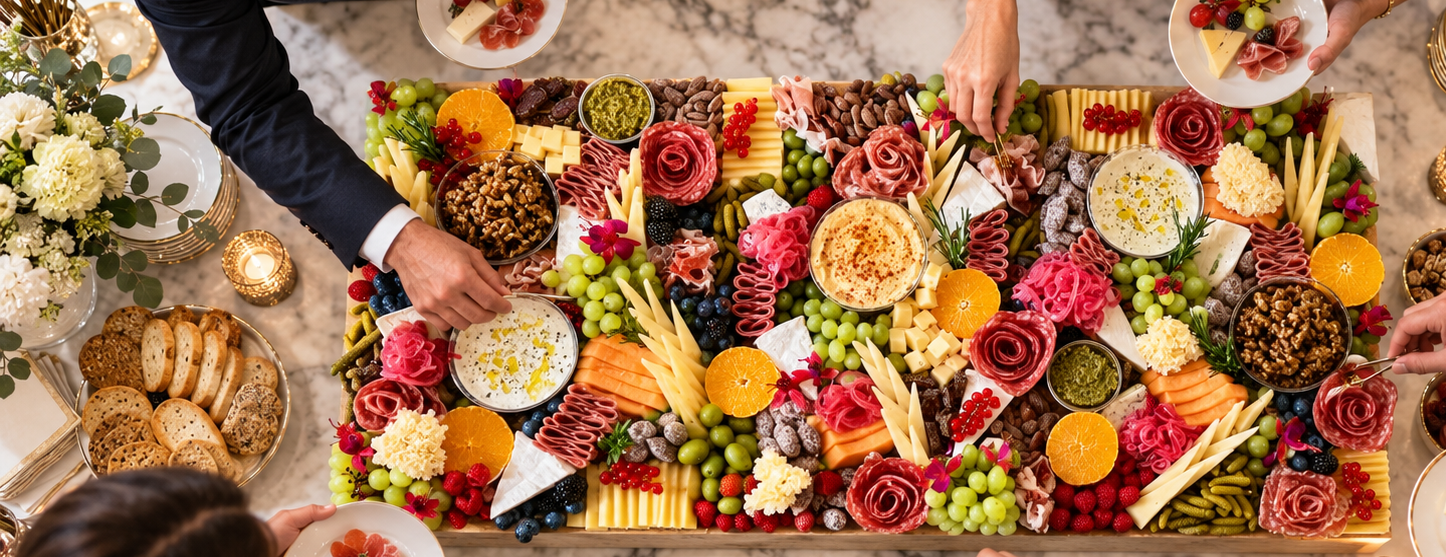 Luksuriøst charcuteribord til festlig reception med oste, charcuteri, frugt, dips og blomster set ovenfra
